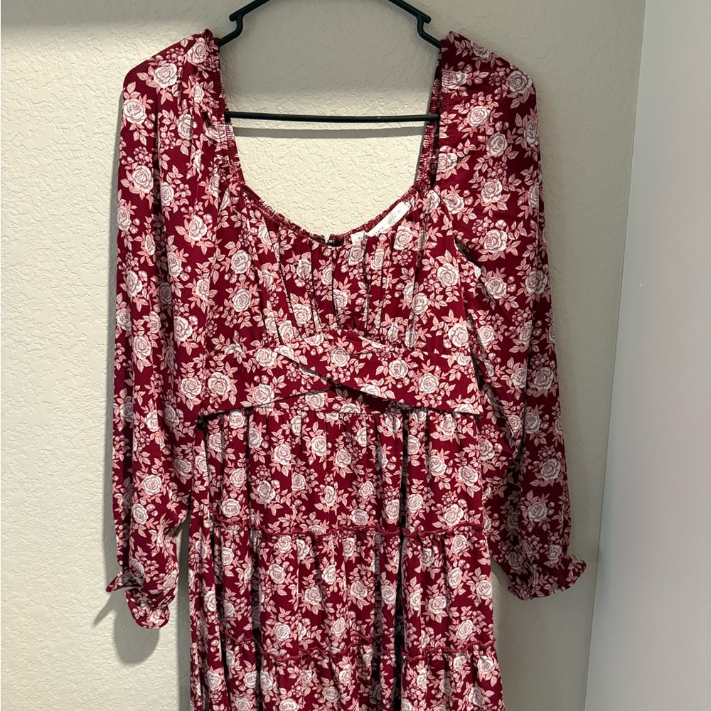 Floral Red Mini Long Sleeve Dress